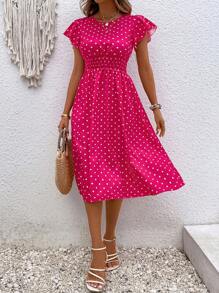 SHEIN Unity 波點圖案蝴蝶袖連衣裙 - 玫紅色 - 查看 4