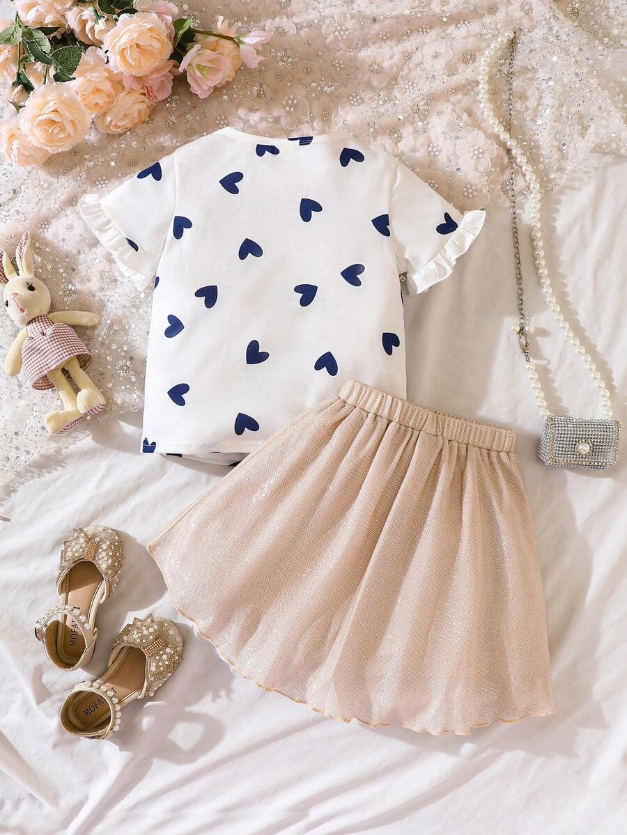 SHEIN Toddler Girls Rabbit Print Tee & Mesh Overlay Skirt Set for Sale