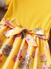 花卉印花波浪邊拼接洋裝,適合少女 - 黃色 - 查看 3