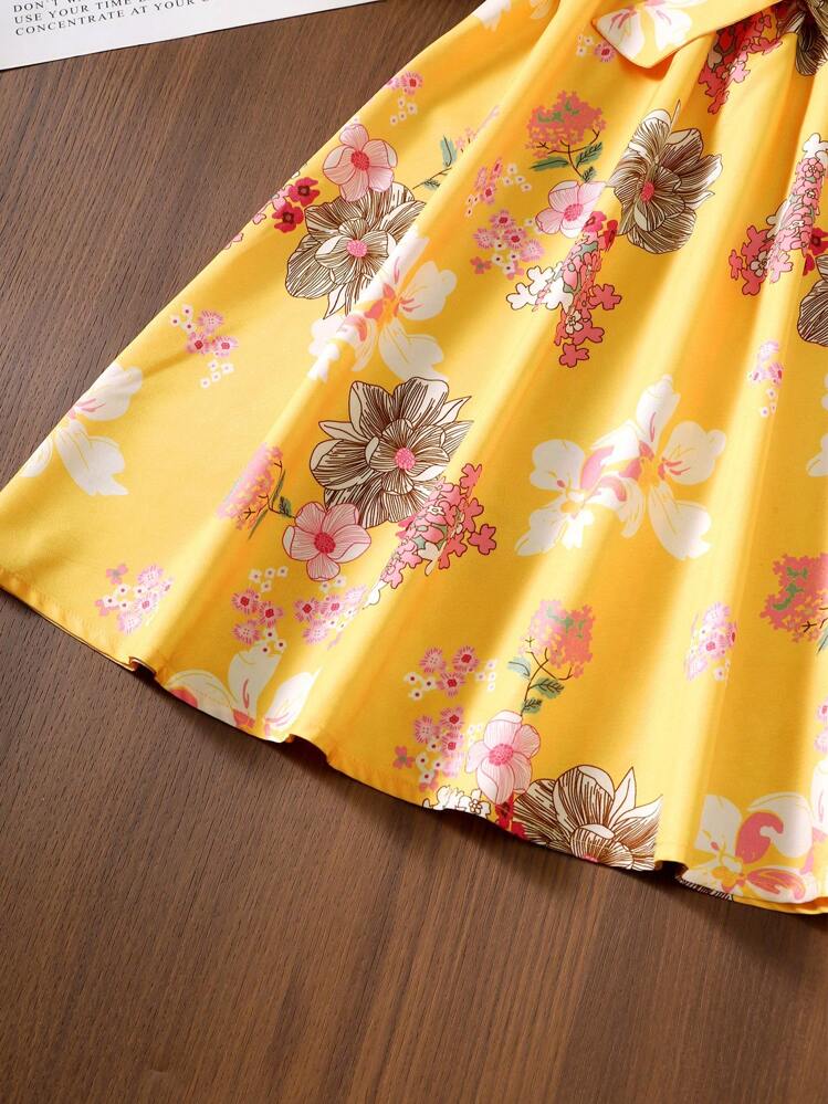 花卉印花波浪邊拼接洋裝,適合少女 - 黃色 - 查看 4