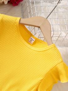 花卉印花波浪邊拼接洋裝,適合少女 - 黃色 - 查看 5