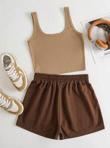 INAWLY 標語圖案背心上衣和腰部抽繩短褲 - 彩色 - 查看 2