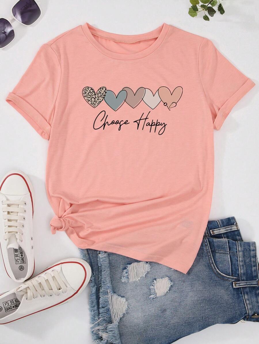 SHEIN Unity 爱心与口号图案 T 恤 图案 T 恤 女式上衣