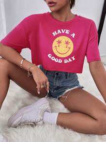 SHEIN Unity 卡通和標語圖案落肩袖短款T恤 - 玫紅色 - 查看 4