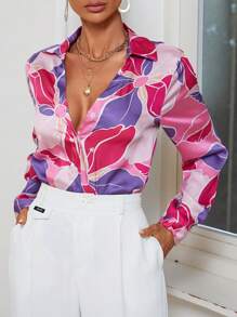 GENKIRA Camisa con estampado floral con botón delantero - Rosa Fucsia - Ver 1