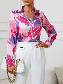 GENKIRA Camisa con estampado floral con botón delantero - Rosa Fucsia - Ver 3