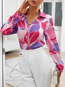 GENKIRA Camisa con estampado floral con botón delantero - Rosa Fucsia - Ver 4