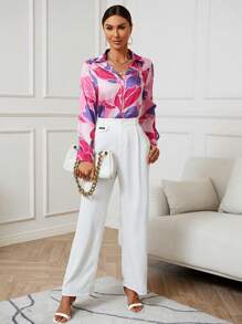 GENKIRA Camisa con estampado floral con botón delantero - Rosa Fucsia - Ver 5