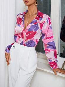 GENKIRA Camisa con estampado floral con botón delantero - Rosa Fucsia - Ver 6