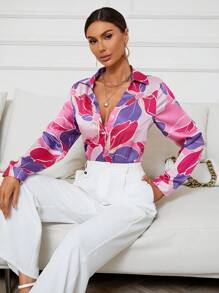 GENKIRA Camisa con estampado floral con botón delantero - Rosa Fucsia - Ver 7