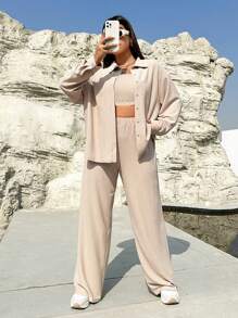 SHEIN EZwear 大碼落肩袖襯衫和闊腿褲和抹胸上衣