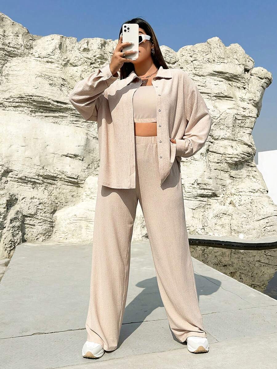 SHEIN EZwear 大碼落肩袖襯衫和闊腿褲和抹胸上衣