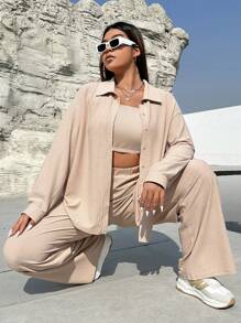 SHEIN EZwear 大碼落肩袖襯衫和闊腿褲和抹胸上衣