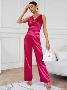 SHEIN BIZwear Bộ đồ hai mảnh nữ Vắt Dây kéo màu trơn Thanh lịch - Màu Hồng Tươi - Xem 1