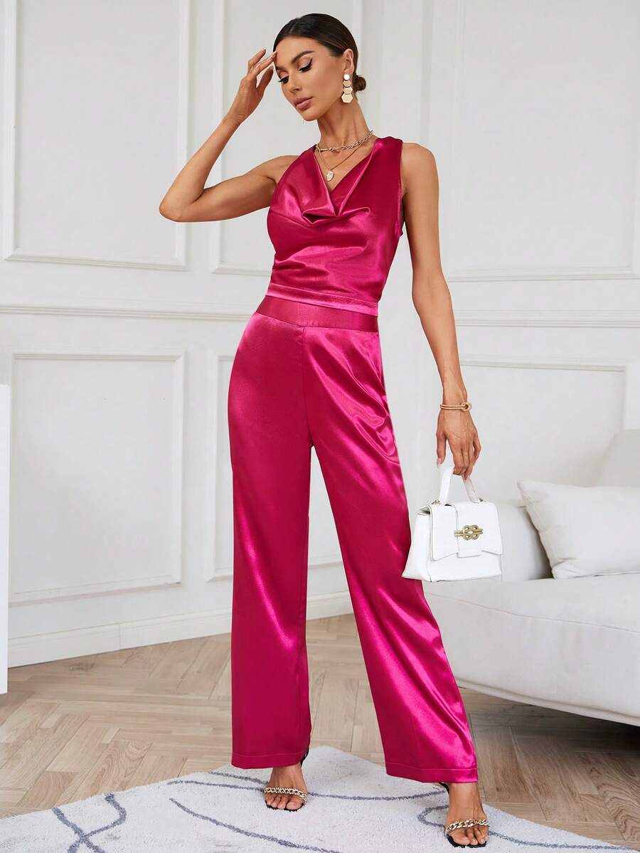 SHEIN BIZwear Bộ đồ hai mảnh nữ Vắt Dây kéo màu trơn Thanh lịch - Màu Hồng Tươi - Xem 1