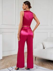 SHEIN BIZwear Bộ đồ hai mảnh nữ Vắt Dây kéo màu trơn Thanh lịch - Màu Hồng Tươi - Xem 2