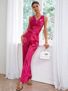 SHEIN BIZwear Bộ đồ hai mảnh nữ Vắt Dây kéo màu trơn Thanh lịch - Màu Hồng Tươi - Xem 3