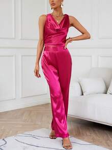 SHEIN BIZwear Bộ đồ hai mảnh nữ Vắt Dây kéo màu trơn Thanh lịch - Màu Hồng Tươi - Xem 4