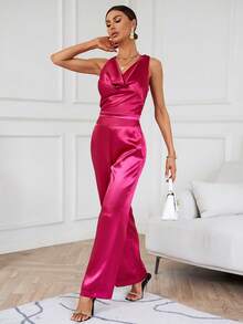 SHEIN BIZwear Bộ đồ hai mảnh nữ Vắt Dây kéo màu trơn Thanh lịch - Màu Hồng Tươi - Xem 6