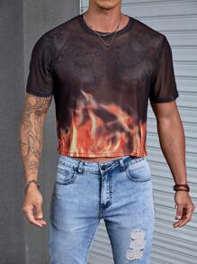 Manfinity Fever City Men Fire Print Mesh Tee - Black - View 4