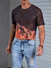 Manfinity Fever City Men Fire Print Mesh Tee - Black - View 6