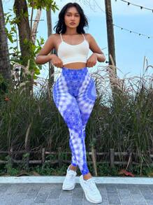 Yoga Trendy 曼陀羅印花寬腰帶運動打底褲 - 藍白色 - 查看 4