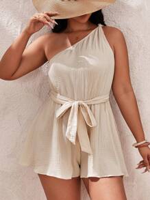 SHEIN VCAY Jumpsuits Plus Size Thắt lưng Thắt nút màu trơn Giải trí - Màu be - Xem 2
