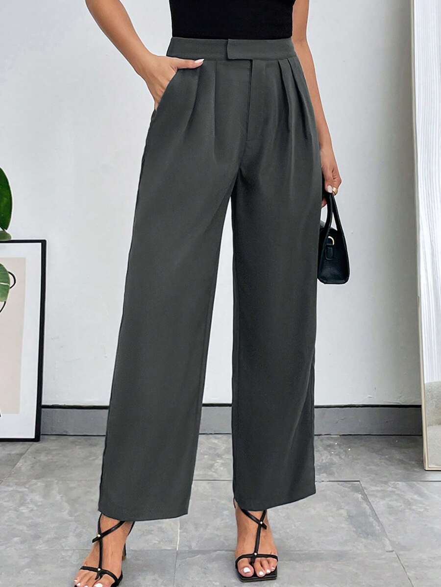 SHEIN Privé Quần nữ Túi Dây kéo Uốn nếp màu trơn Thanh lịch - Màu xám đen - Xem 1