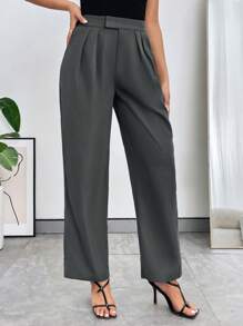 SHEIN Privé Quần nữ Túi Dây kéo Uốn nếp màu trơn Thanh lịch - Màu xám đen - Xem 3