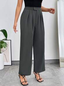 SHEIN Privé Quần nữ Túi Dây kéo Uốn nếp màu trơn Thanh lịch - Màu xám đen - Xem 4