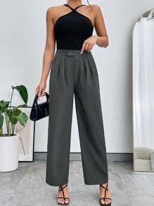 SHEIN Privé Quần nữ Túi Dây kéo Uốn nếp màu trơn Thanh lịch - Màu xám đen - Xem 5