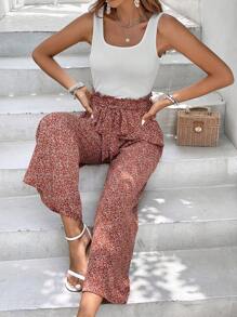 SHEIN Frenchy 素色背心上衣和碎花紙袋腰腰帶長褲 - 彩色 - 查看 2