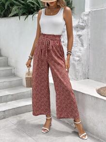 SHEIN Frenchy 素色背心上衣和碎花紙袋腰腰帶長褲 - 彩色 - 查看 7