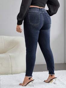 大碼高腰破洞毛邊緣緊身牛仔褲 - 深色水洗藍 - 查看 2