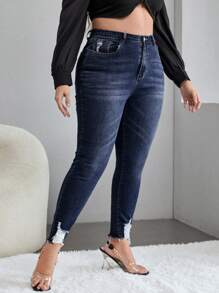 大碼高腰破洞毛邊緣緊身牛仔褲 - 深色水洗藍 - 查看 3