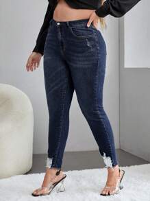 大碼高腰破洞毛邊緣緊身牛仔褲 - 深色水洗藍 - 查看 4