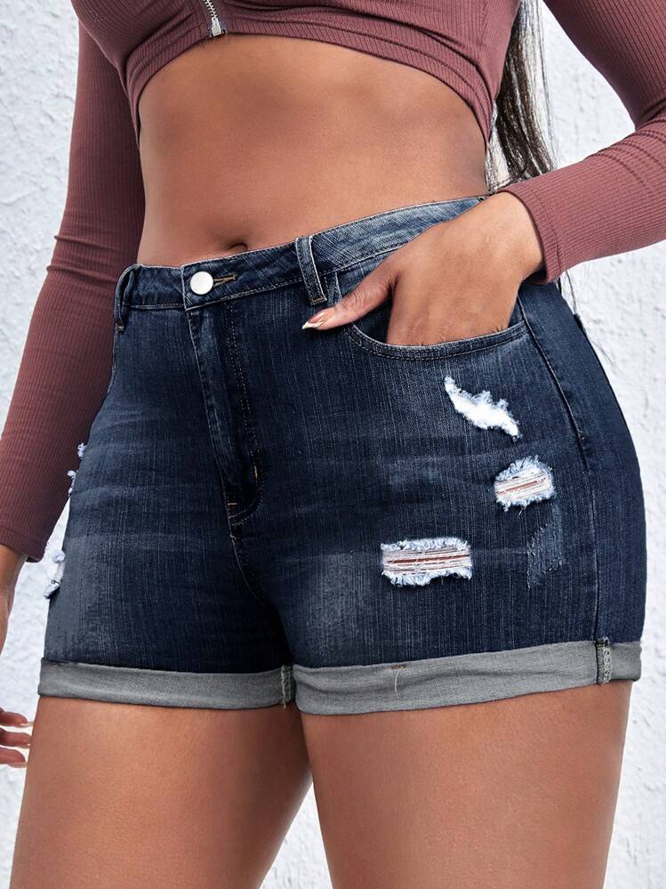 Plus Ripped Roll Up Hem Denim Shorts - Dark Wash - View 1