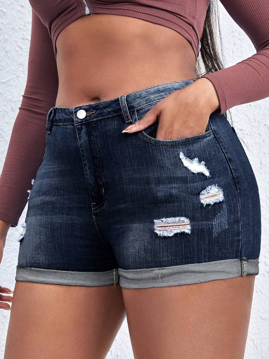 大碼破洞卷邊牛仔短褲 - 深色水洗藍 - 查看 1