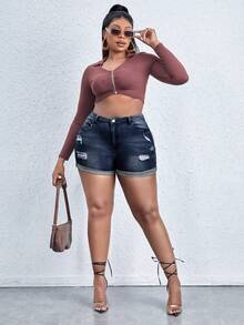 大碼破洞卷邊牛仔短褲 - 深色水洗藍 - 查看 3