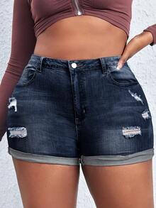 大碼破洞卷邊牛仔短褲 - 深色水洗藍 - 查看 5