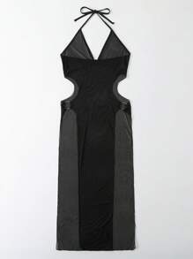 Cut Out Halter Neck Backless Split Thigh Mesh Dress - Black - View 3