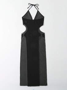 Cut Out Halter Neck Backless Split Thigh Mesh Dress - Black - View 7
