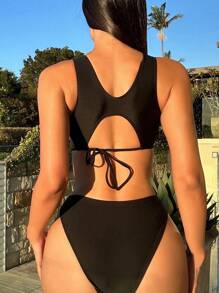 Cut-Out Knot Detail Bikini Set - Black - View 2