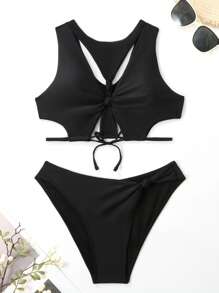 Cut-Out Knot Detail Bikini Set - Black - View 3