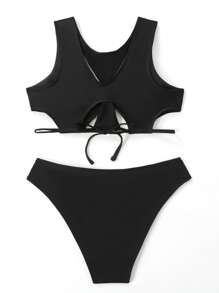Cut-Out Knot Detail Bikini Set - Black - View 4