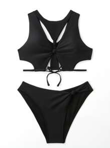 Cut-Out Knot Detail Bikini Set - Black - View 5