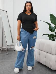 SHEIN EZwear Plus Solid Hanky Hem Tee - Black - View 5