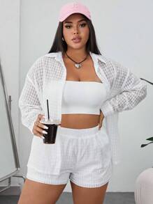 SHEIN EZwear Bộ thời trang Plus Size Túi cắt Nút phía trước màu trơn Giải trí - trắng - Xem 1