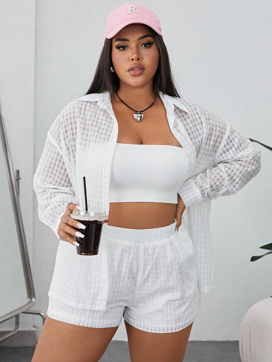 SHEIN EZwear Bộ thời trang Plus Size Túi cắt Nút phía trước màu trơn Giải trí - trắng - Xem 1