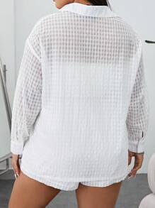 SHEIN EZwear Bộ thời trang Plus Size Túi cắt Nút phía trước màu trơn Giải trí - trắng - Xem 2